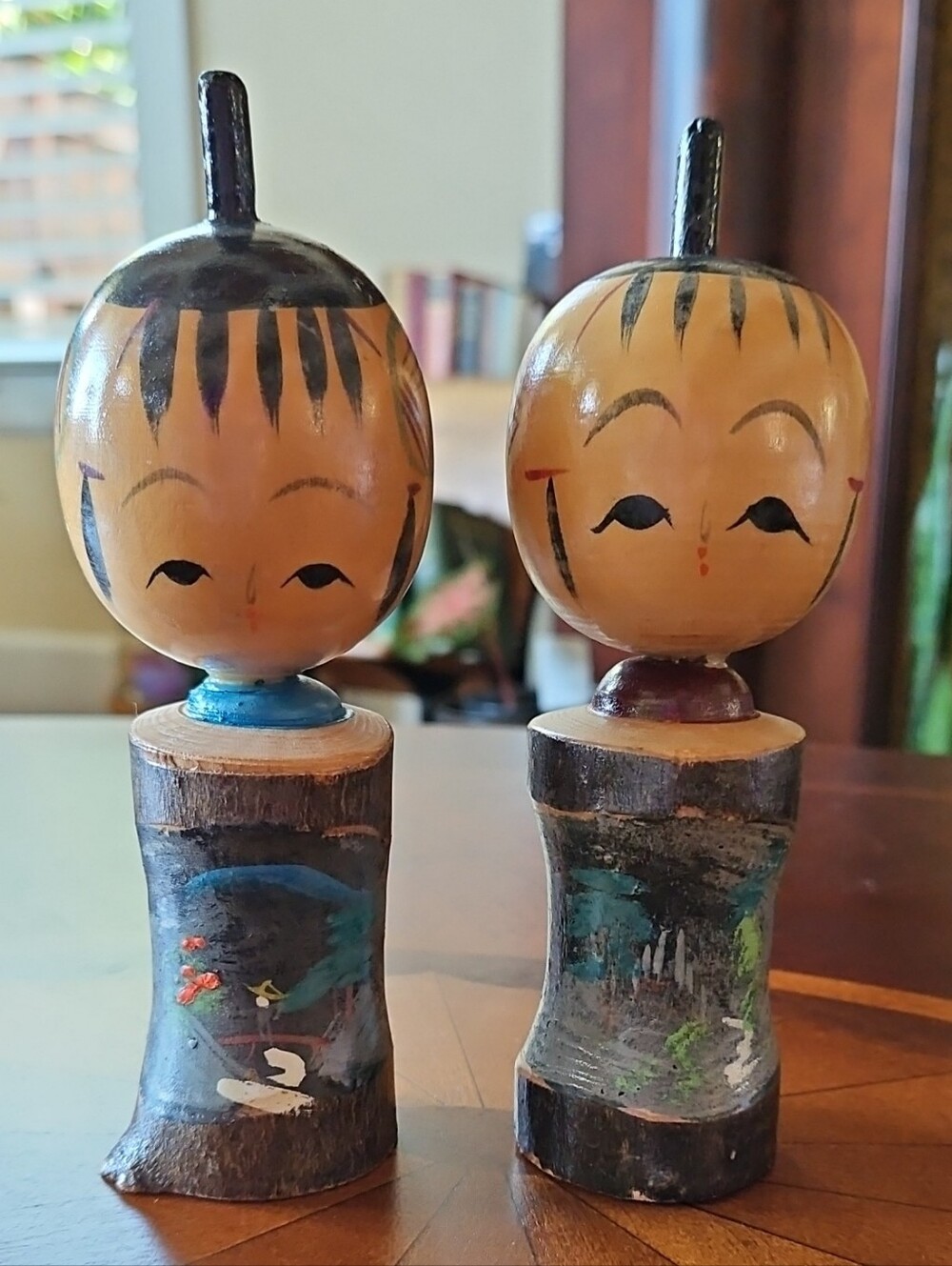 Vintage Japanese Sosaku Kokeshi Dolls - Rare Solid Construction Bark Body Pair